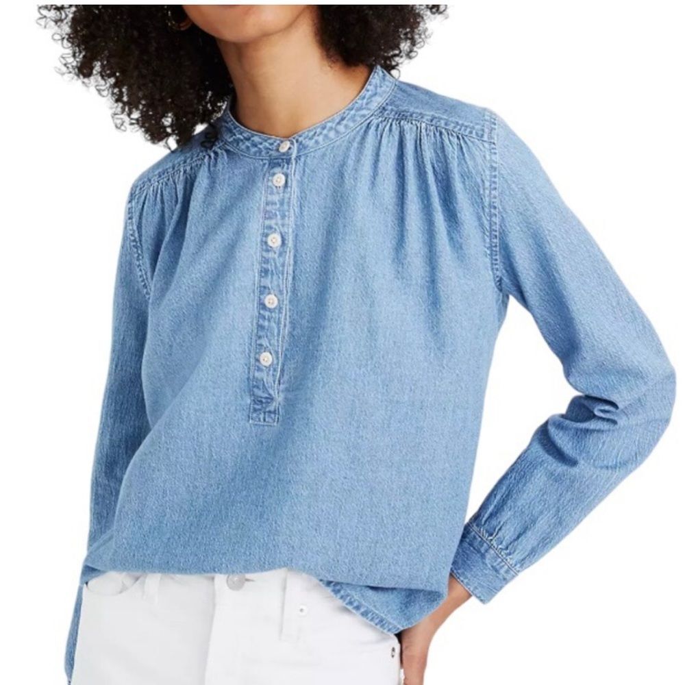 Madewell Blue Emmie Wash Denim Shirred Popover‎ Long Sleeve Pullover Top S